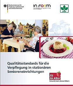 die Abbildung zeigt die Titelseite der Broschüre Qualitätsstandards für die Verpflegung in stationären Senioreneinrichtungen