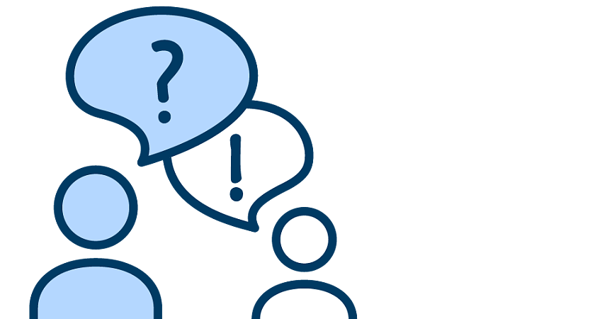 Zwei Personen mit Sprechblasen Fragezeichen und Ausrufezeichen als Icon