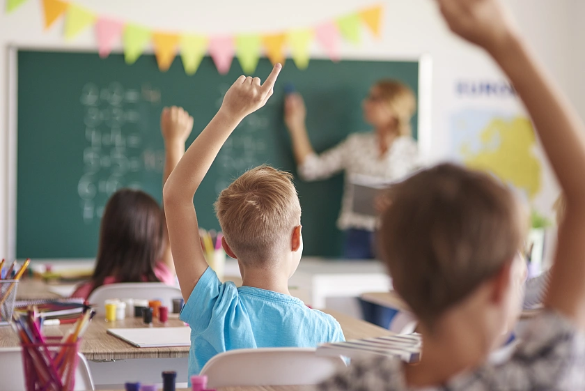 Ein Schüler meldet sich im Unterrricht.