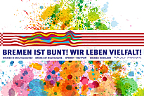 Grafik zeigt von bunten Farben durchzogene Speckflagge mit Unterschrift "Bremen ist bunt! Wir leben Vielfalt!"; Quelle: bremen online GmbH / MEL
