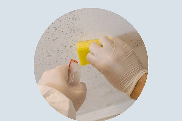 Entfernung von Schimmel mit Schwamm und Handschuhen.