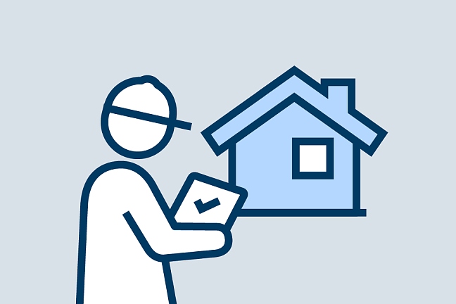 Person mit Helm vor einem Gebäude als Icon