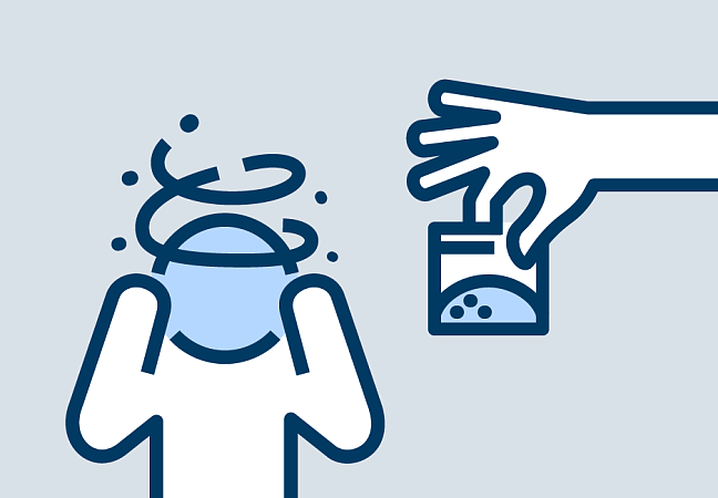 Mensch verwirrt und Hand mit Drogentüte als Icon