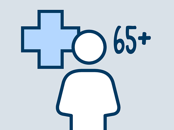schematische Darstellung für Menschen mit einem Alter ab 65 Jahren. Abgebildet ist eine Person, ein Erste-Hilfe-Symbol und die Zahl 65 mit einem Plus