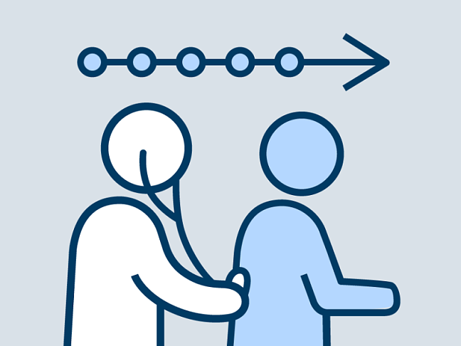 Schematische Darstellung eines Arztes und Patienten. Der Arzt hört den Rücken des Patienten ab. Darüber ist ein Pfeil dargestellt, der von links nach rechts geht und Punkte auf der Linie hat. Dies soll den Zeitverlauf symbolisieren.
