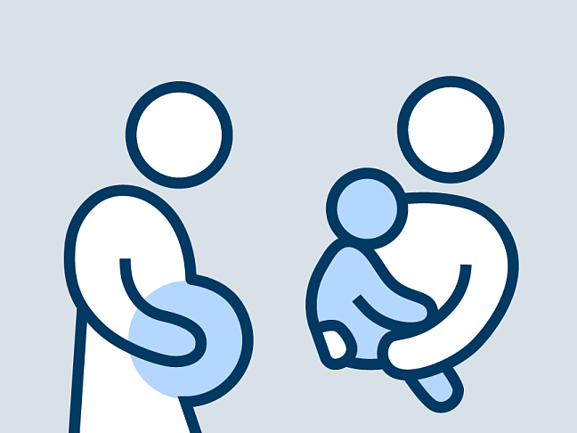 Schematische Darstellung einer schwangeren Person und einer Person, die ein kleines Kind auf dem Arm trägt.