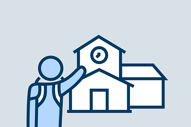 Kind mit Rucksack vor Schule als Icon