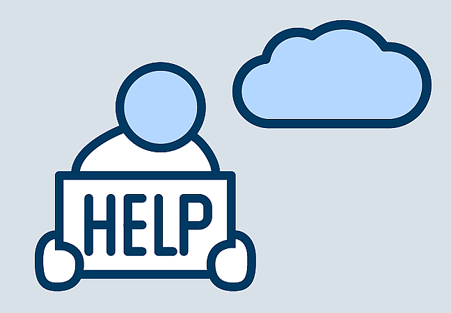A person standing on the Help page holding a sign, with a cloud as the icon