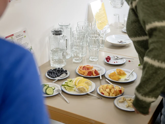 Auf dem Bild sind Wasserkaraffen und frisches Obst zu sehen.