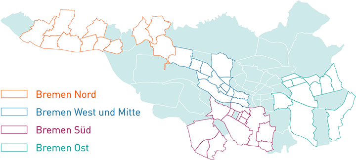 Karte von Bremen mit 48 farblich markierten Stadtteilen