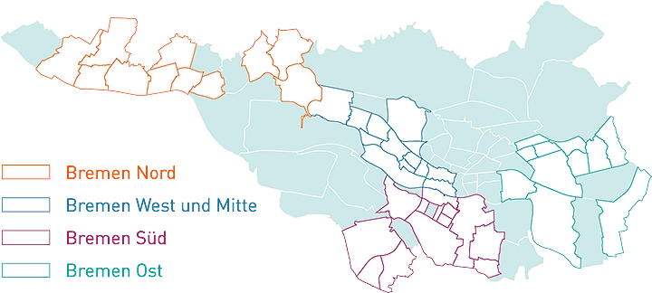 Karte von Bremen mit 48 farblich markierten Stadtteilen