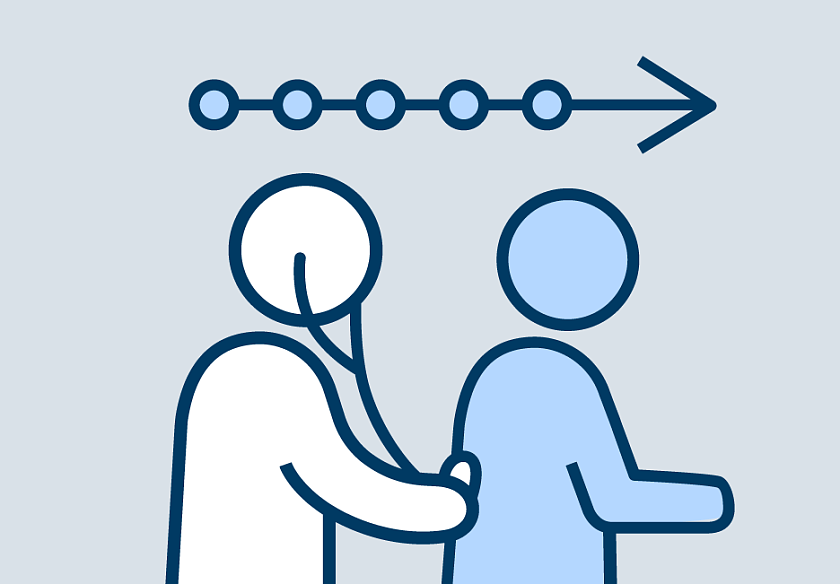 Schematische Darstellung eines Arztes und Patienten. Der Arzt hört den Rücken des Patienten ab. Darüber ist ein Pfeil dargestellt, der von links nach rechts geht und Punkte auf der Linie hat. Dies soll den Zeitverlauf symbolisieren.