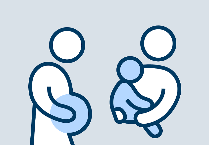 Schematische Darstellung einer schwangeren Person und einer Person, die ein kleines Kind auf dem Arm trägt.