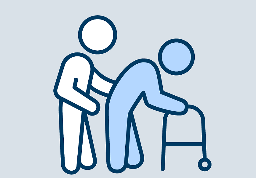 Schematische Darstellung von zwei Personen. Die eine Person geht gekrümmt mit einem Rollator. Die andere Person steht unterstützend dahinter.