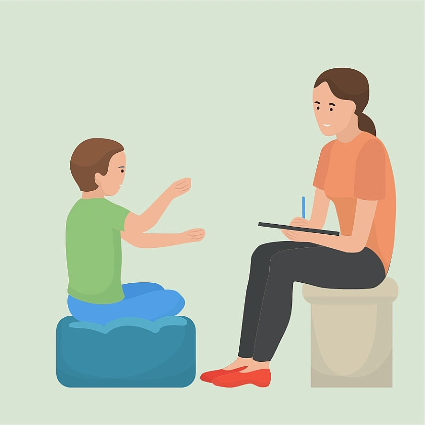 Illustration of a woman talking to a child