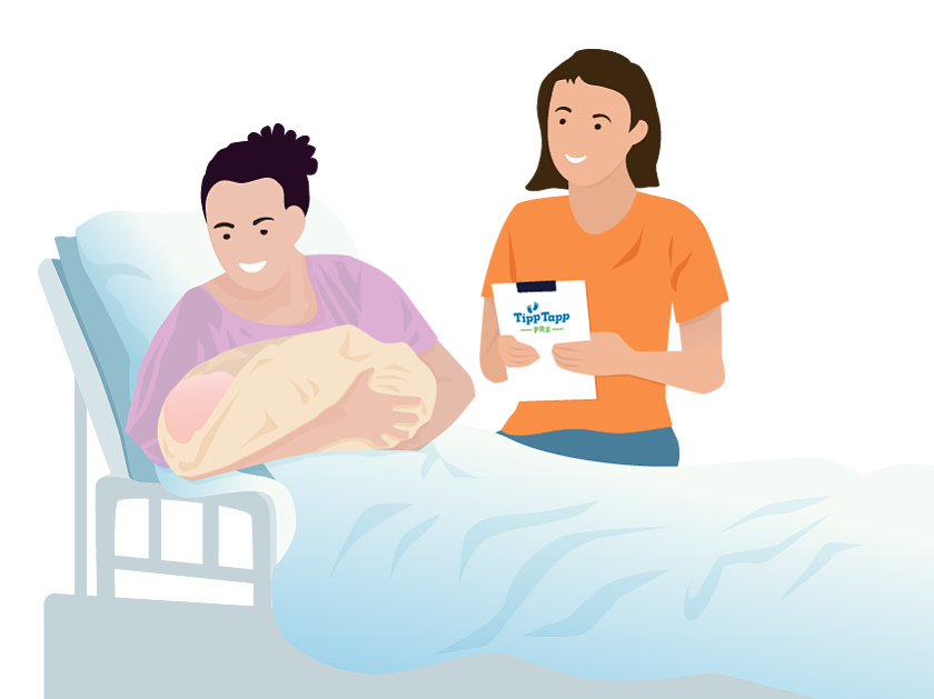 Frau im Krankenbett mit Kind und Gesundheitsfachkraft mit Block daneben