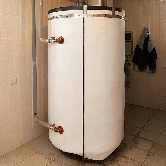 A domestic household boiler room with a new modern solid fuel boiler, electric hot water heating, and pipes.